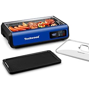 Indoor Smokeless Grill Techwood 1500W Electric Grill with Tempered Glass Lid & LED Smart Control Panel, 8-Level Control Korean BBQ Grill with Removable Grill/Griddle Plate, Stainless Steel (Blue)