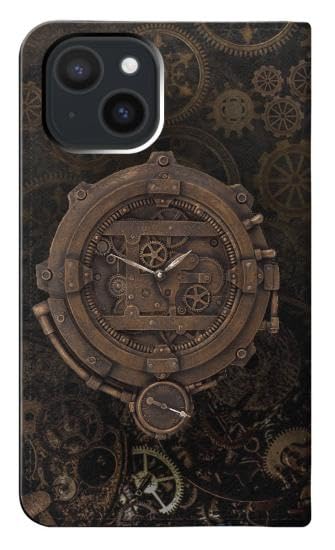 Étui iPhone 15 steampunk housse cuir à clapet protection portefeuille de téléphone