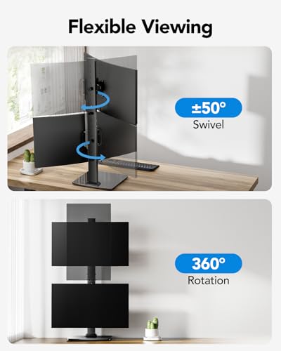 Image of HUANUO Dual Monitor Stand for 13 to 34 Inch, Max Load 44 lbs, Vertical Monitor Mount, Freestanding Monitor Riser with Swivel, Tilt, Rotation, 13 Height Settings, Max VESA 100x100