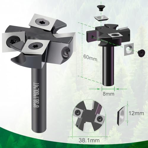 BALUGAEA Planfräser 8mm Schaft CNC Holzfräser 38,1 mm Schnittdurchmesser Planfräser für Oberfräse mit 4 austauschbaren HM-Wendeplatten 12 x 12 mm, Fräser zum Planfräsen, Nutfräsen und Kantenfräsen