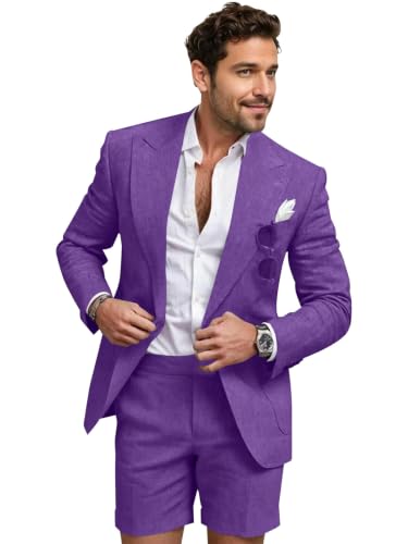 2 Piece Men's Linen Suits Set Slim Fit Casual Summer Shorts Suit for Men Grooms Beach Wedding Tuxedo Blazer & Shorts Suits Purple 5XL