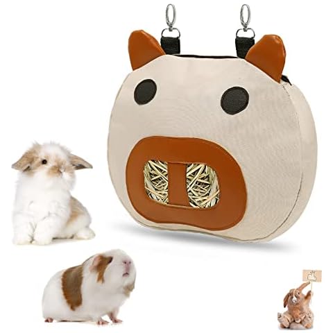 Kelivi Rabbit Hay Feeder Bag, Hay Feeder for Guinea Pig Hay Feeder Dispenser Storage Pouch with 2 Hanging Hooks for Bunny Small Animal Cage Mess Free Cover