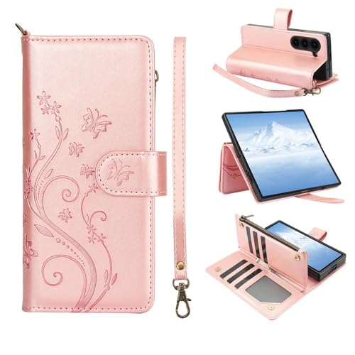 Housse Samsung Z Fold3 5G or rose en cuir de haute qualité avec rabat portefeuille