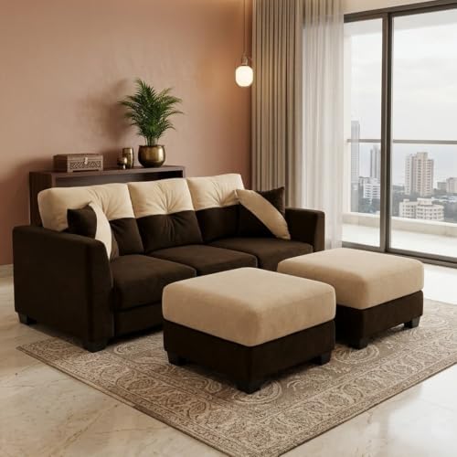 Image of Revola 5 Seater L Shape Sofa Set with 2 Movable Ottomans | Flexible Layout | Luxury Velvet Suede Fabric | Modern Living Room Sofa | Dark Brown-Cream
