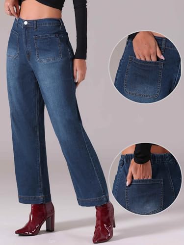 Jean large stretch taille haute à boutons Allegra K