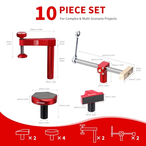 Image of Premium Bench Dog Clamp Set for MFT Table, 10 pcs for 3 /4 inch Dog Holes | Clamps for Woodworking, Quick Release Ratchet Wrench, Double Sided Anti-Slip Pucks, Secure Hold for Routing and Sanding