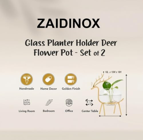 Image of Glass Planter Holder Deer Flower Pot,Round Vase Handmade for Home Decor - Center Table, Bedroom, Living Room and Office Decor Gold Design (Set of 2)