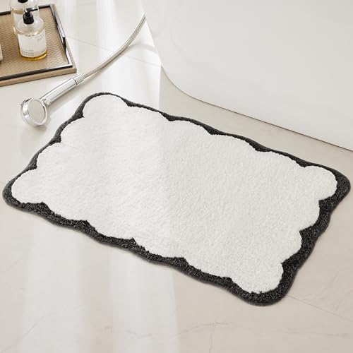Ohocut Luxury Microfiber Bathroom Rugs, White and Black Scalloped Piping