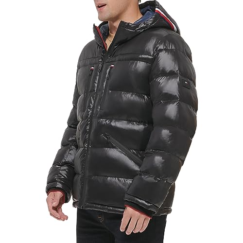 Image of Tommy Hilfiger Mens Tommy Hilfiger Men's Shiny Midweight Logo Puffer