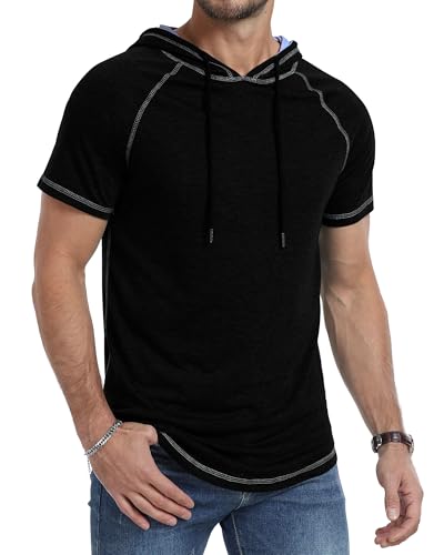 AIYINO Men's Short Sleeve Hoodie Workout Gym Sweatshirt Muscle Fit Fashion Athletic Hoodies Pullover Cotton Hooded T-Shirts L Black - Image 3