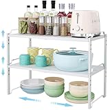 2 Pack 11" Width Expandable Kitchen Cabinet Organizer Shelves, Heavy Duty Kitchen Countertop Organizers and Storage Rack, Stackable Metal Small Storage Shelf For Pantry Counter Cupboard Organization