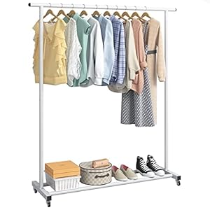 Buzowruil Clothing Rack Clothes Rack Standard Rod Simple Rolling Metal Garment Rack Organizer Freestanding Hanger with Wheels,White