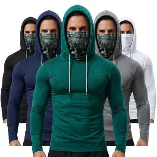 5-Pack Mens Sun Protection Hoodie with Face Mask Long Sleeve Quick Dry Compression Fishing Shirt Running Cycling Work UPF50(Compression -5PACK-Black-White-Grey-Navy Blue-Green X-Large)