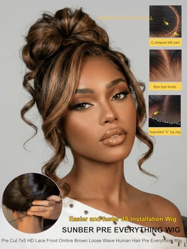 Image of Sunber Ombre Brown Balayage 7x5 Pre-Everything Wig With Loose Wave Face-Framing Layers and Side-Swept Bangs With Drawstring 180% Density Pre Plucked Bye Bye Knots Glueless Drawstring Wig 24Inch