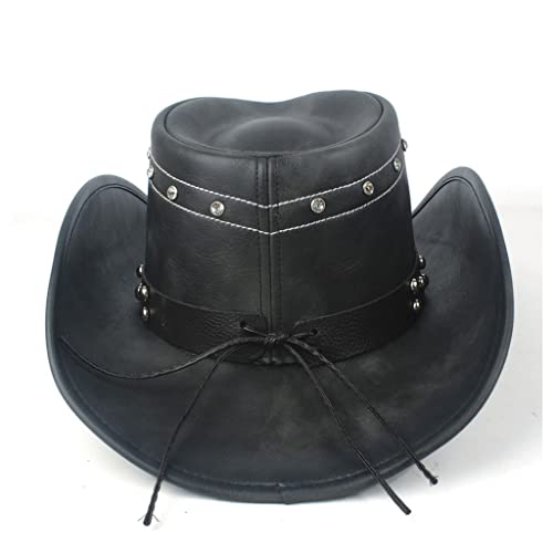 Wyfdp Leather Men Women Black Western Cowboy Hat Wide Brim Hat Outdoor Sombrero Cowgirl Hat (Color : A, Size : One Size) #TOP2