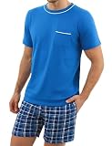 Litherday Pijama Hombre Algodón Verano Manga Corta Conjunto de 2 Piezas con Pantalón Cuadros y Camiseta Cómoda Ropa De Dormir