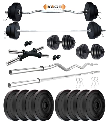 Image of Kore PVC 16 Kg Home Gym Set with One 3 Ft Plain + One 3 Ft Curl Rod and One Pair Dumbbell Rods, Multicolour