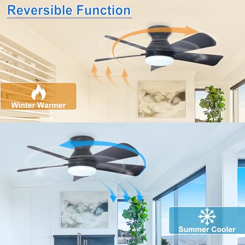 Image of Depuley 35-Inch Ceiling Fans with Lights: Indoor /Outdoor Flush Mount Ceiling Fan with Remote Control - Black 5 Blade Low Profile Fandelier for Kitchen Gazebo - Reversible Quiet Timer - 2 Packs