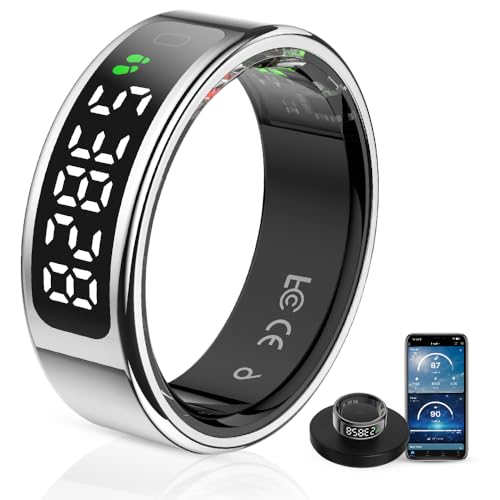 LCD Display Smart Ring - Sleep Tracker Touch Control Ring with Heart Rate/Blood Oxygen/Step Counter, Wireless Charging Dock, 5ATM Waterproof Fitness Tracker, No Subscription Fee for iOS/Android