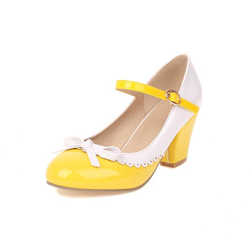 Veelau Meieer Damen Süße Lolita Cosplay Schuhe Schleife Mid Chunky Heel Mary Jane Pump Block Lackpumps Gelb Weiß 40 EU
