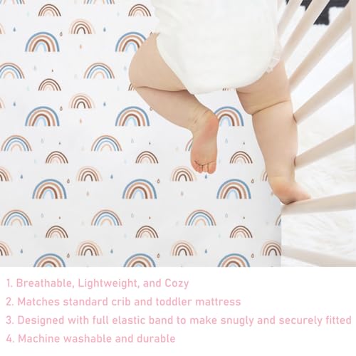 Image of Rainbow Baby Crib Sheet 52''x28'' Cute Rainbow Drops Colorful Stretchy Fitted Crib Mattress Sheet for Boy Girl Bed Sheet for Standard Crib Toddler Mattresses