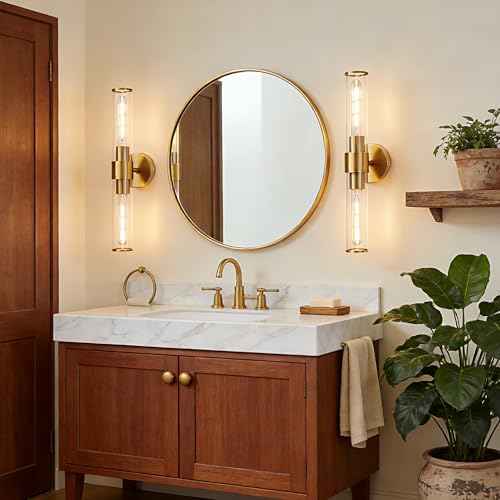 Image of Gold Wall Sconce 2 Pack Hardwired, Bathroom Light Fixtures Clear Glass Featuring Two E26 sockets, Vanity Lights Fixtures for Bathroom, Dimmable - Bulb Not Included, UL Certification