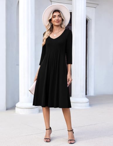 Image of Zeagoo 3 /4 Sleeve Women's Dress Pleated Midi Casual Dresses with Pockets