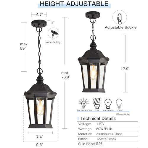 Image of Large Outdoor Pendant Light 17.9 inch Black Hanging Lantern Lights