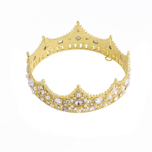 Pensoda Gold Vintage Crown 1st Birthday Cake Topper Baby Shower Bridal shower Supplies Party Cake Decorations Premium Quality Crown Metal Crystal Tiara(Gold-pink)