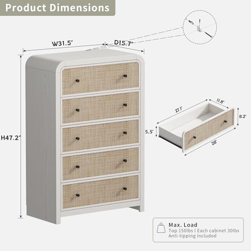 Image of Oak&Sparrow 5 Drawer Tall Dresser for Bedroom, 47'' Rattan Dresser with Ample Storage, Boho Chest of Drawers, Thickened Curved Profile Design, Oak Dressers for Bedroom, Living Room