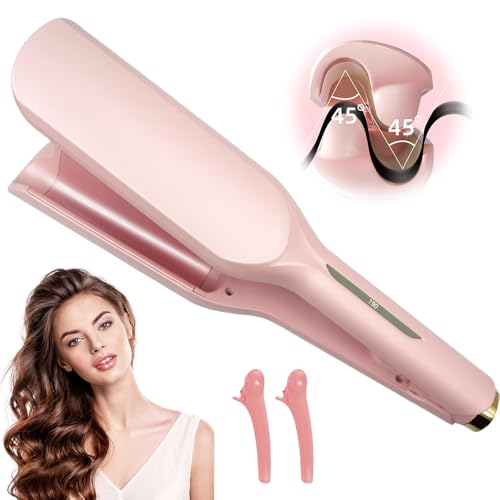 Plancha Ondas al Agua, Afenau 32mm Rizador Pelo Ondas con 5 Ajustes de Temperatura, en Forma de V, Plancha Pelo Ondas, Plancha Ondas Pelo para Pelo Largo/Corto (Rosa)