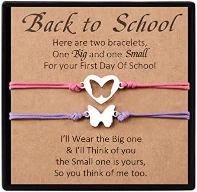 YELUWA 2 Pcs Back to School Gift, First Day of School Gift, Lovely Charm Bracelets Set for Daughter/Son from Mother Mommy and Me Girls Jewelry with Gift Box Wish Card Back to Preschool Kindergarten