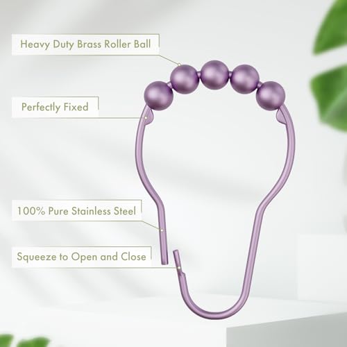 Image of Amazer Shower Curtain Hooks, Rust Resistant Purple Shower Curtain Hooks for Bathroom, Stainless Steel Glide Shower Hooks Hangers for Bathroom Shower Rods Curtains, Set of 12 Hooks, Greyish-Purple