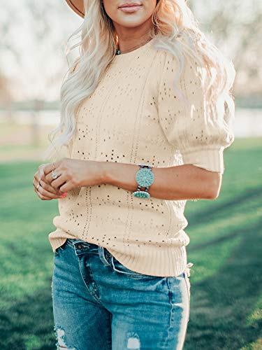 Foshow Womens Puff Short Sleeve Sweaters Tops Summer Soft Crew Neck Dot Pullover Shirt Lightweight Knit Sweater Blouse Apricot #TOP1