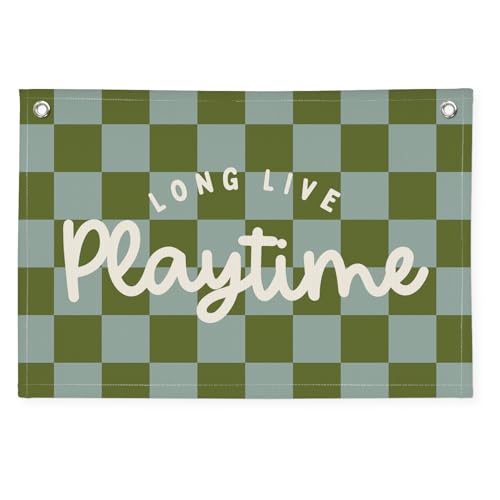 Image of Playroom Decor Long Live Playtime Banner, Green And Blue Checkered Pattern Banner Linen Hanging Banner Flag for Nursery Toddler Room, Boys Girls Kids Room Decor,Classroom Decorations 30x20