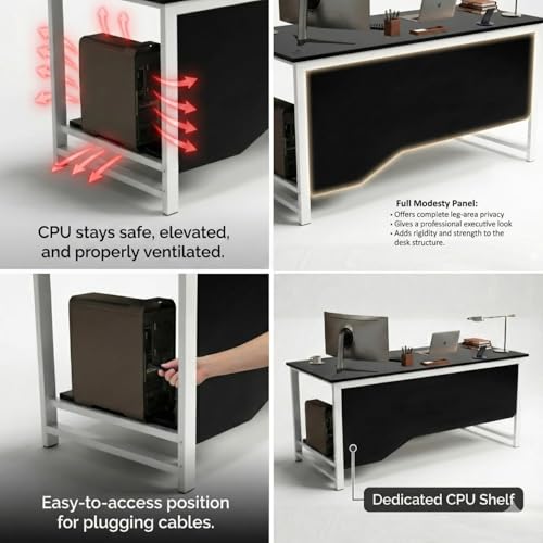 Image of Executive Director Desk | Office Table | Manager Cabin Work Desk with Modesty Panel & Cable Grommet | Sturdy Metal Frame | Black Top & White Base | DIY.