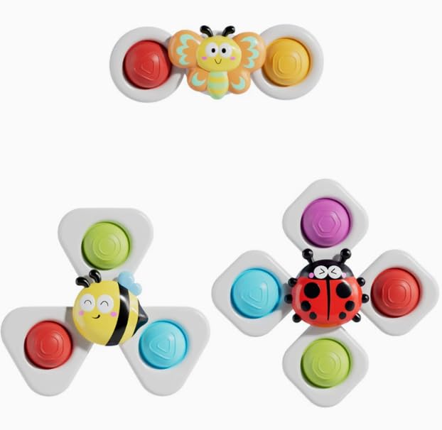 4PCS Juguetes Bebe, Spinner Bebe Juguetes Piscina | Juguete Giratorio, Spinner Juguetes Baño Bebe, Sensorial Giratorios con Ventosa (Abeja Mariquita Caracoles Mariposa)