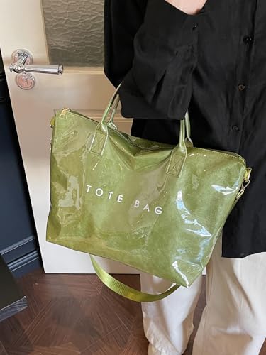Image of PVC Tote Bag Gifts for Women Large Tote Purse Kraft Paper Letter Print Hobo Handbags for Work Beach Shopping Travel