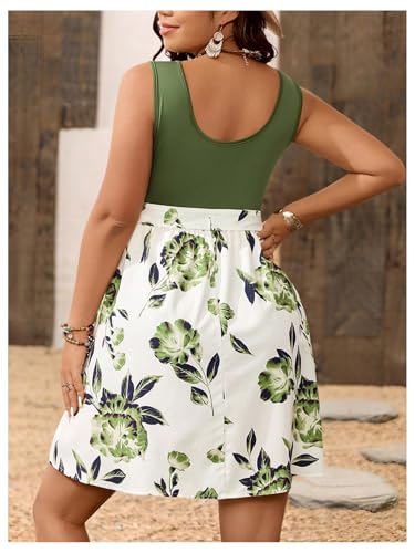 SOLY HUX Women's Plus Size Floral Tank Dress Sleeveless Square Neck A Line Flowy Belted Summer Short Dresses2