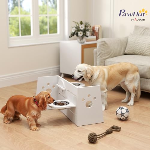 PawHut Erhöhter Hundenapf Höhenverstellbar Futternapf mit Ständer Anti-Schling-Matte 2 x 1000ml Langsamfutternapf verstellbar Fressnapf Futterstation Hundenäpfe für Mittlere Hunde Katzen Weiß