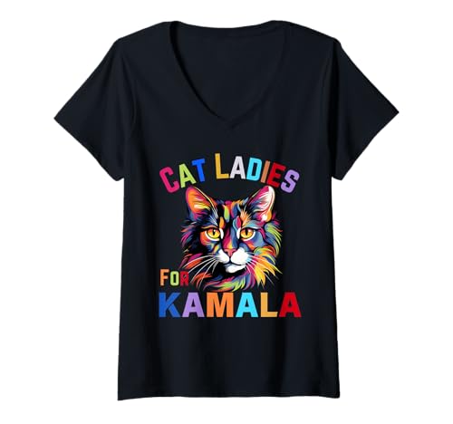 Womens Cat-Ladies for Kamala Funny Cat 2024 President Kamala-Harris V-Neck T-Shirt