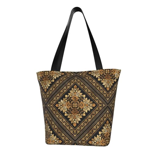 Oriental Vintage Damask Pattern - Black And Gold Reusable Zippered Shoulder Bag, Stylish Polyester Tote With Wide Handle & Inner Pocket, Lightweight Durable Shopping & Travel Bag