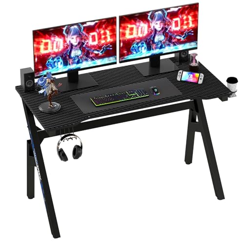 Image of 47 inch Gaming Desk | Black & Red | Carbon Fiber Textured Computer Desk | Sturdy Steel Frame,Cup Holder, Headphone Hook, Cable Management Holes, Adjustable Leg Pads | for Gamers,Home,Office