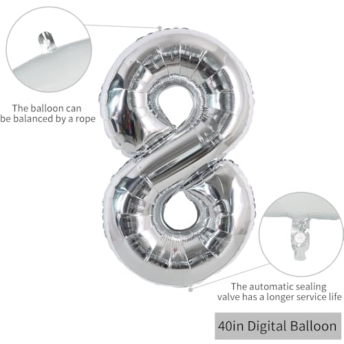 Image of TONIFUL 40 Inch Silver Number 8 Balloon Large Foil 8th Birthday Decorations | Silver 8 Balloon Number Eight for 8th 18th 80th Birthday 8 Year Anniversary, Silver Birthday Decor for Men Women Boys Girls