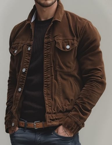 Men's Vintage Corduroy Lapel Jacket,Single Breasted Work Coat with Multi Pockets,Durable Warm Outerwear,Casual3