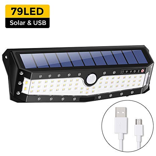 Solar Security Lights Outdoor，79 LED Motion Sensor Super Bright Wall Lights,4 Lighting Modes,Weatherproof , Wide Angle for Yard, Driveway, Garage, Pathway,Garden,Solar and USB Powered