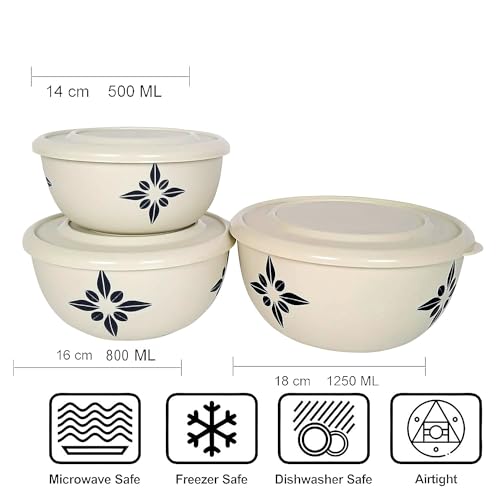 Image of Microwave Safe Stainless Steel Food Storage Container with Lid | Euro Mixing Bowl Set for Kitchen | 500ml, 800ml, 1250ml | Pack of 3 | Leak-Proof (Classic Ivory)
