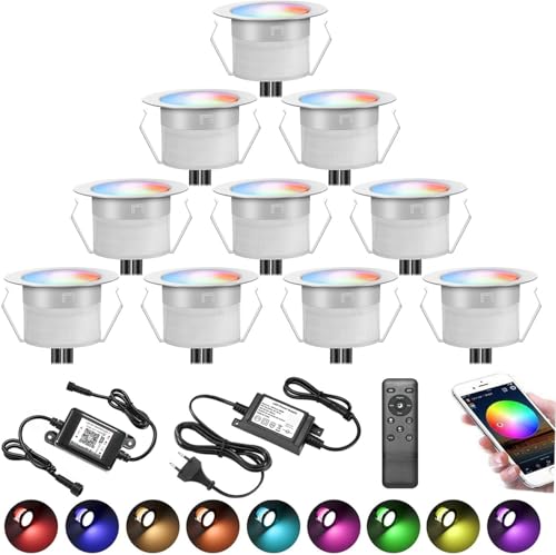 Juego de 10 lámparas LED empotrables para el suelo con WiFi, funciona con Alexa, Google Home, RGBWW (4 en 1), diámetro de 31 mm, IP67, resistente al agua, 0,6 W, foco LED empotrable