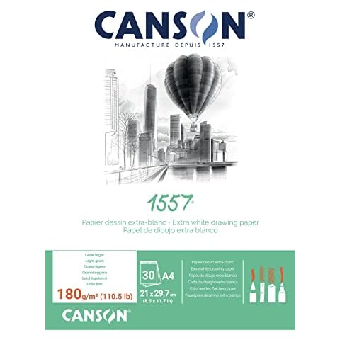 CANSON 1557 180gsm A4 White Drawing Paper Pad, Light Grain, Glued Short Side, 30 Extra White Sheets, Ideal for Professional Artists & Students Cover