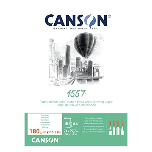 Canson 1557, Papel de dibujo blanco, Grando ligero, 180g, Encolados por el lado corto, A4-21x29,7cm, Extra Blanco, 30 Hojas